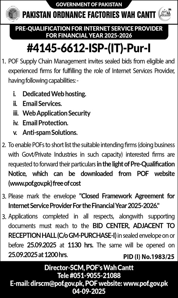 Pakistan Ordnance Factories Wah Cantt Tender Notice